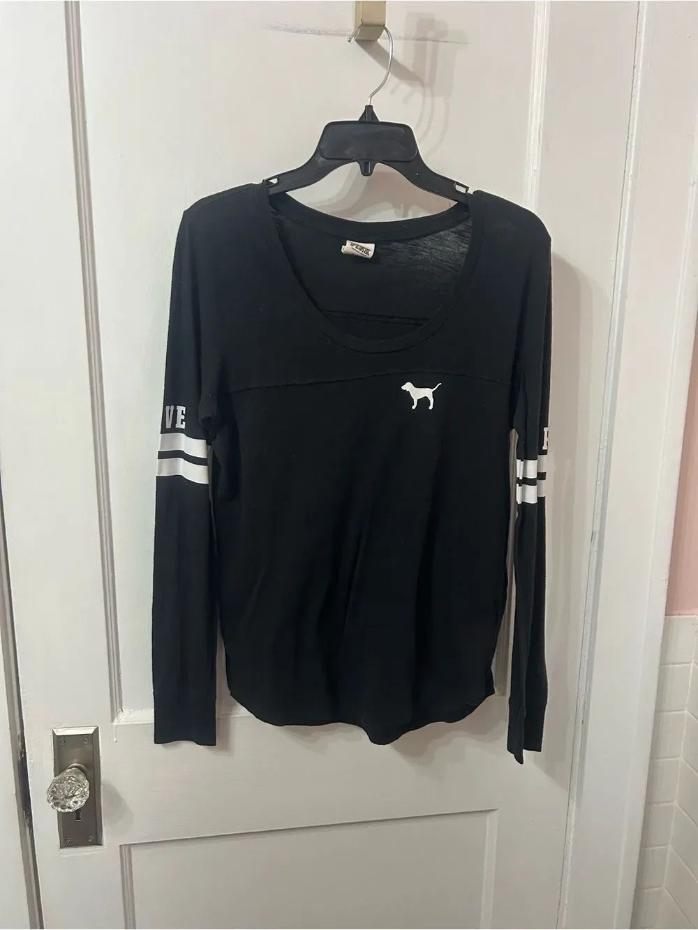 Victoria's Secret Black Long-Sleeve Scoop Neck Tee with White Logo